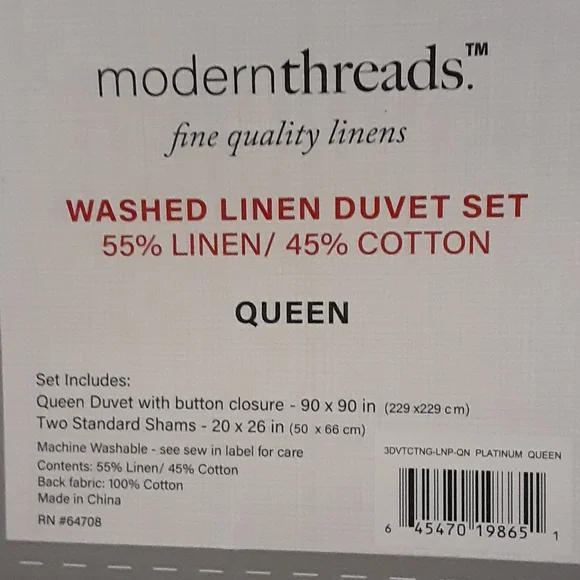 Modern Threads Platinum Natural Fiber washed linen duvet set Queen NEW 90x90…